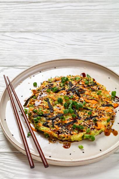 istock Japanese pancake with cabbage on a plate, top view 2171272640