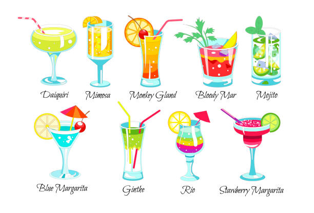 ilustraciones, imágenes clip art, dibujos animados e iconos de stock de menú variado de bebidas de cócteles coloridos - bloody mary