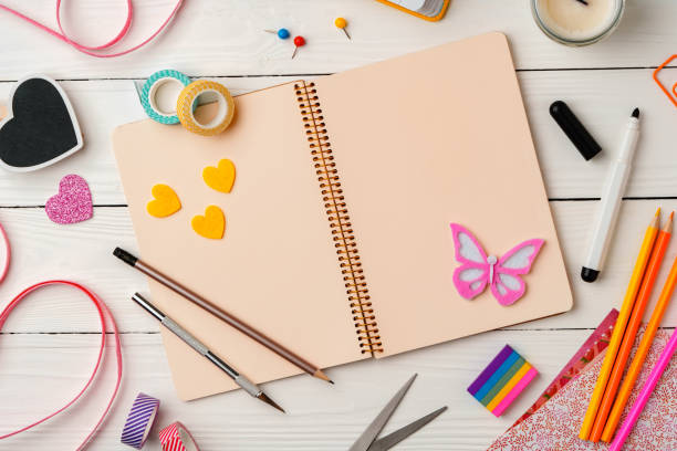 istock Creative workspace with colorful stationery and decorations on a white wooden desk 2171279233