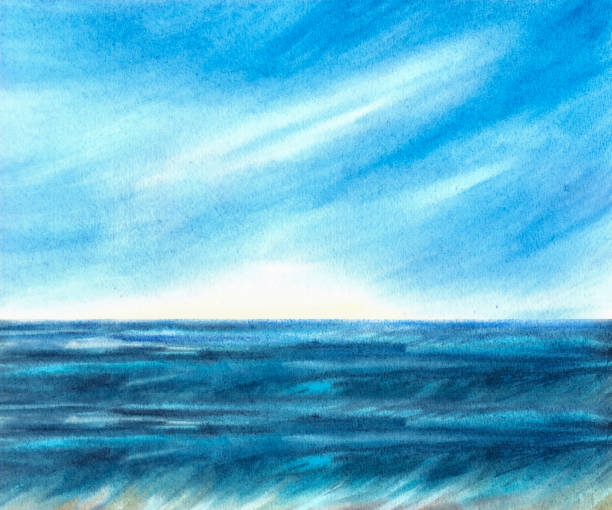 istock Sea landscape. Watercolor hand drawn background with ocean blue sky and white clouds. Illustration 2171283766