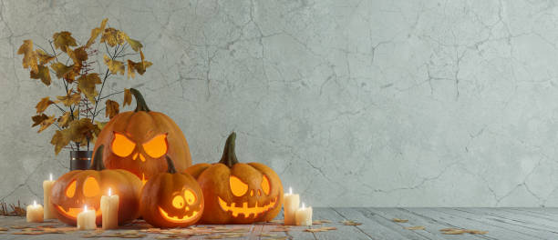 istock Three Glowing Jack-o'-Lanterns with Menacing and Goofy Faces, Surrounded by Lit Candles and Autumn Leaves. 2171285767