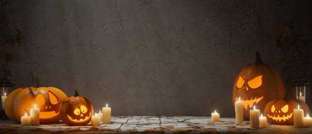 istock Group of Glowing Jack-o-Lanterns with Expressive Faces, Surrounded by Lit Candles and Autumn Leaves 2171285784