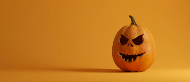 istock Menacing Jack-o'-Lantern with Sinister Smile Against Bright Orange Background 2171285795