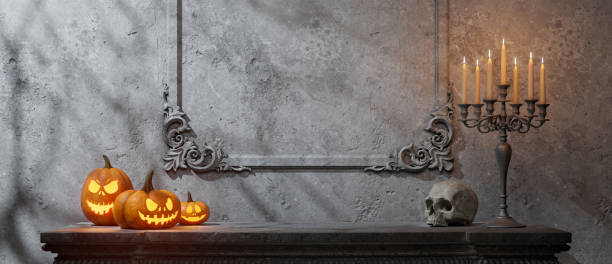 istock Scary Showroom: Empty Space with Carved Pumpkins, a Skull, and a Candelabra, Creating a Haunting Halloween Atmosphere 2171285834