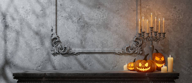 istock Chilling Halloween Mantel Display Featuring Carved Pumpkins, a Skull, and a Candelabra, Casting Eerie Shadows 2171285839