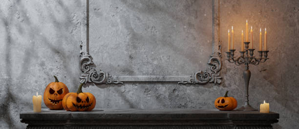 Spooky Halloween Showroom: Eerie Empty Space with Carved Pumpkins, Lit Candles
