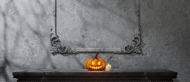 istock Haunting Halloween Showroom: Eerie Empty Space with Jack-o-Lantern, Lit Candle, and Ornate Frame 2171285853