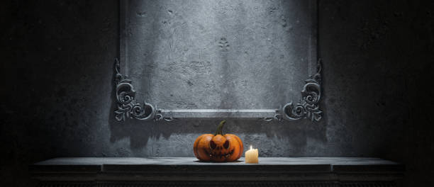 istock Gothic Halloween Showroom: Eerie Empty Space with a Small Pumpkin, Lit Candle, and Ornate Frame 2171285861
