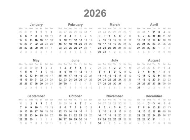 Twelve Month 2026 Calendar vector art illustration