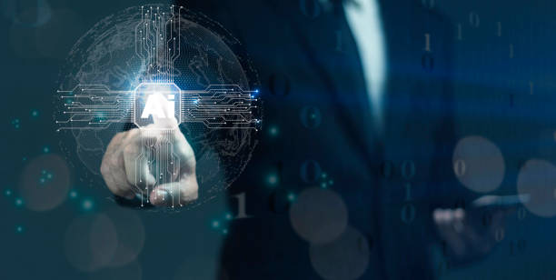 istock Businessman is using smartphone and pointing or touching ia technology against dark blue background. 2171286624