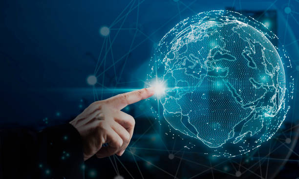 istock Businessman pointing global internet network connection, smart city background, data exchange, e-commerce. Digital technology, internet global network technology concept. 2171286798