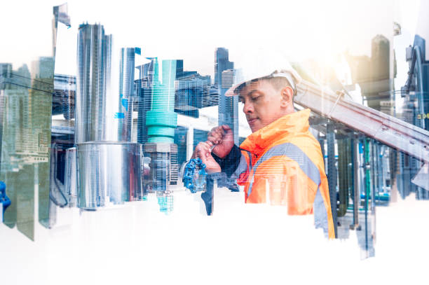istock The double exposure image of the engineer thinking overlays with cityscape image with copy space. The concept of engineering, construction, futuristic and industry. 2171287346