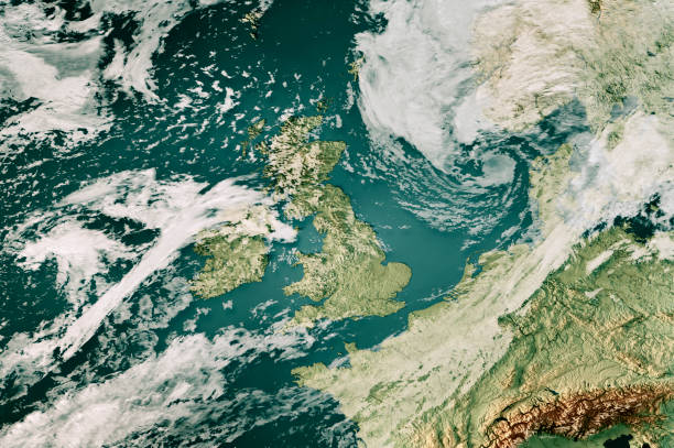 3D Render of a Topographic Map of the United Kingdom with the clouds from August 23, 2024. Storm Lilian over the North Sea, Northern Europe.All source data is in the public domain.Cloud texture: Global Imagery Browse Services (GIBS) courtesy of NASA, VIIRS data courtesy of NOAA.https://www.earthdata.nasa.gov/eosdis/science-system-description/eosdis-components/gibsColor texture: Made with Natural Earth.http://www.naturalearthdata.com/downloads/10m-raster-data/10m-cross-blend-hypso/Relief texture: GMTED 2010 data courtesy of USGS. URL of source image:https://topotools.cr.usgs.gov/gmted_viewer/viewer.htmWater texture: SRTM Water Body SWDB: https://dds.cr.usgs.gov/srtm/version2_1/SWBD/