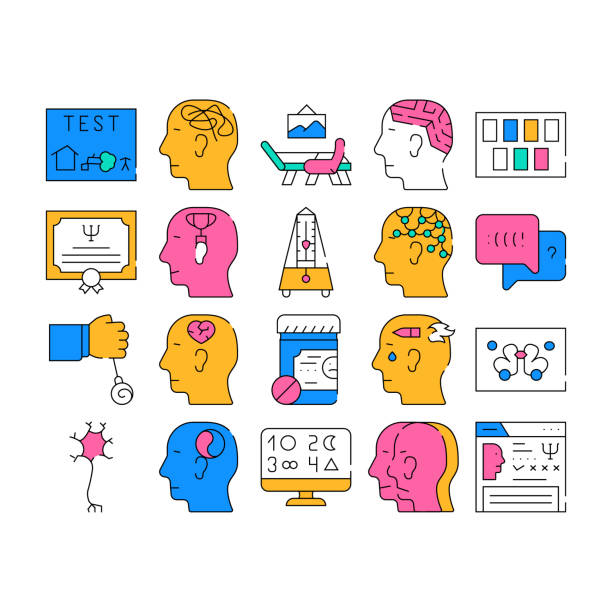 Psychologist Doctor Collection Icons Set Vector Illustrations Psychologist Doctor Collection Icons Set Vector. Psychology Phobia And Luscher Test, Psychologist Cabinet Attributes And Diploma, Dialogue And Analysis color Contour Illustrations neuropsychology stock illustrations