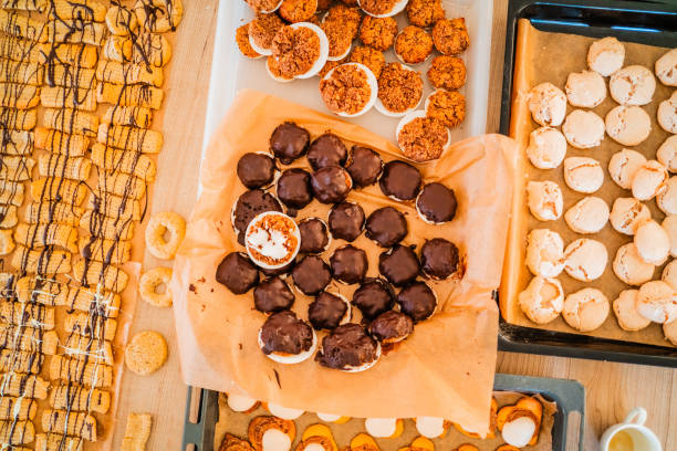 Christmas Bakery with Choclate Covered Macroons Cookies Biscuits for Christmas Top Down View