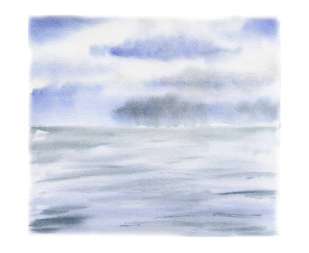 istock Scenery landscape rain storm, cloudy blue sky, water surface with waves, pool sea lake ocean hand drawn in watercolor. Illustration for tourism, resort ads, hiking camping sites vacation, postcard. 2171296331