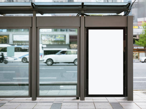 Blank Banner light box Media Advertisement at bus stop City street Blank white Banner light box Media Advertisement at bus stop City street Mock up board template bus shelter stock pictures, royalty-free photos & images