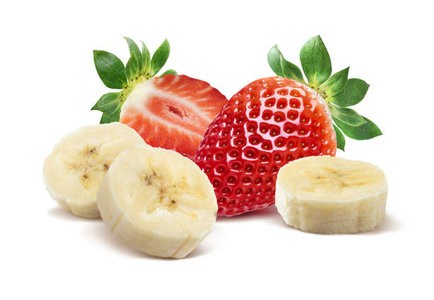 istock Whole strawberry, half and banana 3 isolated on white 2171300894