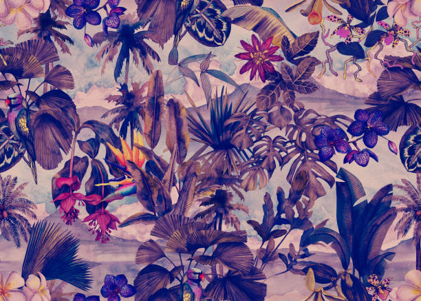 istock Tropical seamless pattern with palm leaves and tropical flowers, parrot and landscape with clouds and mountains hand painted in watercolor. Seamless tropical wallpaper with jungle and mountain landscape. 2171303751