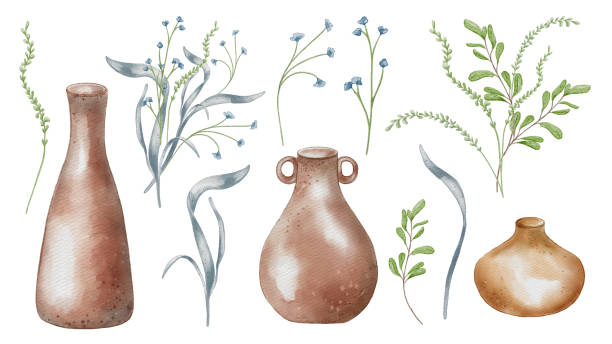 Flowers in pastel tone and pottery dishes in set. High jug and wide pot watercolor illustration isolated. Floral arrangements, plant stem and clay dishes hand drawn. For ceramics workshop, modeling Flowers in pastel tone and pottery dishes in set. High jug and wide pot watercolor illustration isolated. Floral arrangements, plant stem and clay dishes hand drawn. For ceramics workshop, modeling. low flower arrangements drawings stock illustrations