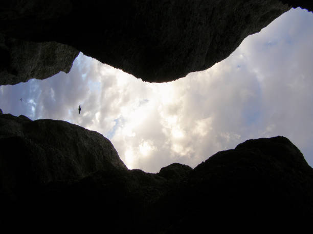 This image appears to capture a view from within a narrow rock formation, looking upwards toward the sky. The rugged edges of the rocks frame the scene, creating a natural window to the sky above. A few birds are visible flying overhead, with one prominently silhouetted against the bright, partly cloudy sky. The contrast between the dark rock walls and the illuminated sky gives the photo a dramatic and dynamic feeling, emphasizing the height and depth of the rocky enclosure. This kind of image might have been taken from inside a cave or a canyon.