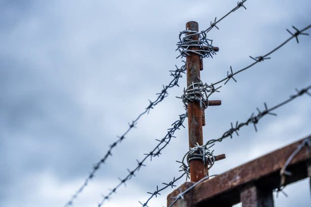 A prison or border fence with barbed wire on the top