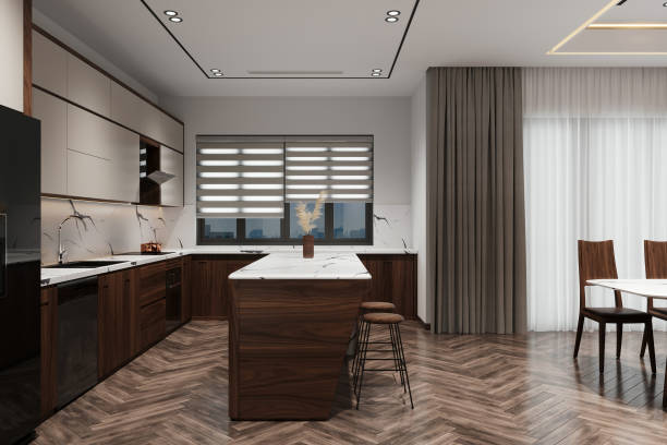istock A harmonious blend of wood, metal, and concrete kitchen interior. 2171305322