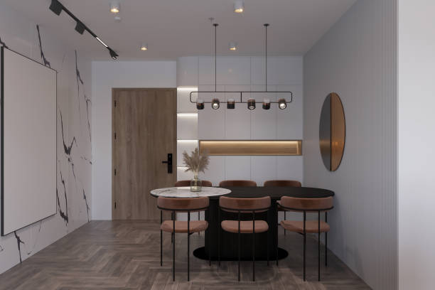istock Modern Minimalist Dining Room Stylish Living Space with Herringbone Floor 2171305471