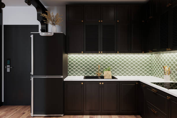 istock A dark black kitchen with a sleek, modern design radiates industrial chic and elegant sophistication. 2171306155