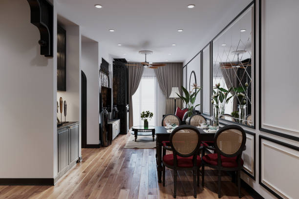 istock Visualize a sophisticated modern living room with a dining area, dark wood floors, and decoration 2171306209