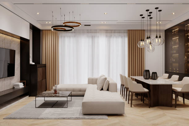 istock Large, modern, bright interiors Living room with a sectional sofa, dining table, and unique light fixtures. 2171306617