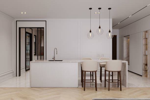 istock Luxury home interior with bar island, pendant lights, and bar stools. 2171306766