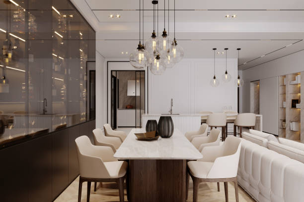 istock The dining room has a Sleek dining table, minimalist chairs, and a modern decorative chandeliersimple decor. 2171306787