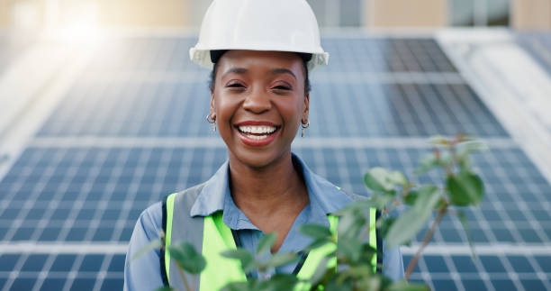 istock Black woman, engineer and plant with solar panel for eco friendly, environment and sustainable future in city. Portrait, innovation and affirmative action with smile or renewable energy 2171310965
