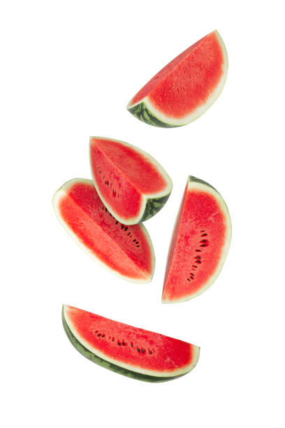 istock Falling Watermelon slices isolated on white background with clipping path, full depth of field 2171312599