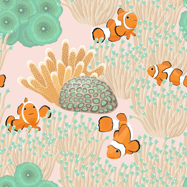 istock Clownfish and Sea Anemones, Discosoma Mushrooms, Favites flexuosa, Seamless Vector Pattern. 2171321103