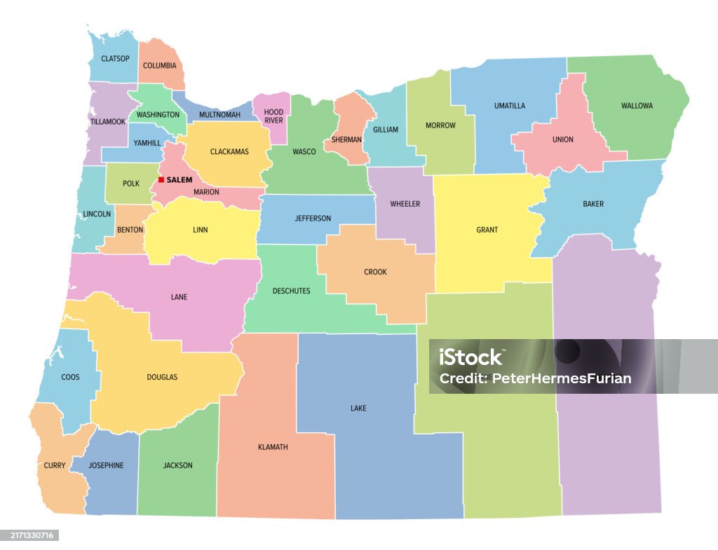 State Below Oregon Oregon Us State Subdivided Into 36 Counties Multi Colored Map Stock ...