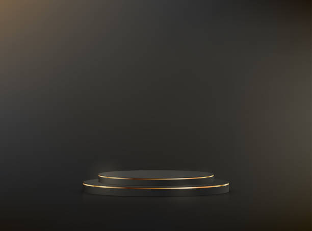istock Black background vector 3d with gold podium. 3D abstract studio room with pedestal podium. Vector illustration. 2171330983