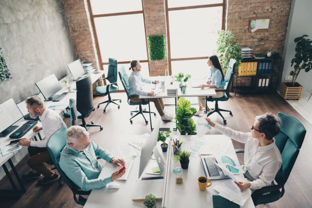istock Full body above view photo of teamwork people work together process startup comfortable modern office loft room interior indoors workspace 2171332732