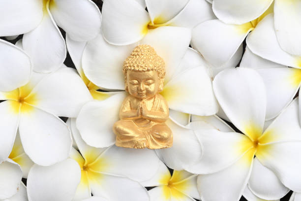 Close up of a Sri Lankan wooden Buddha statue in a window display.
