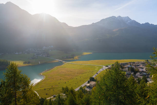 Little spring of water in green grass in alpine landscape
