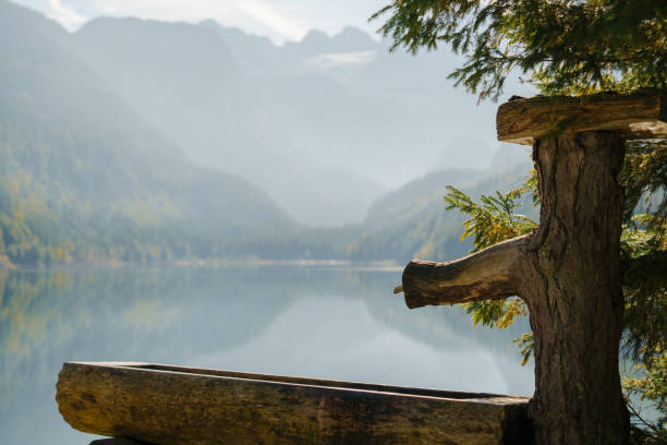 Scenic tranquil view of Gosausee lake at sunset in autumn