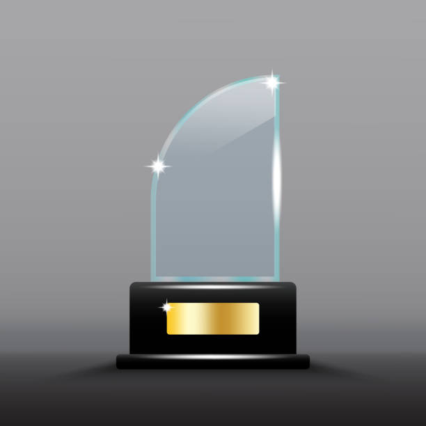 istock Glass curved trophy. Elegant crystal design. Black base with gold plate. Shiny vector award. 2171344053