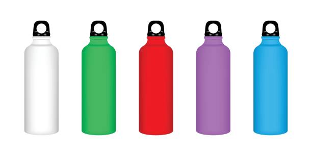 istock Colored metal thermoses with black lids, in a row: white, green, red, purple, blue. 2171344711