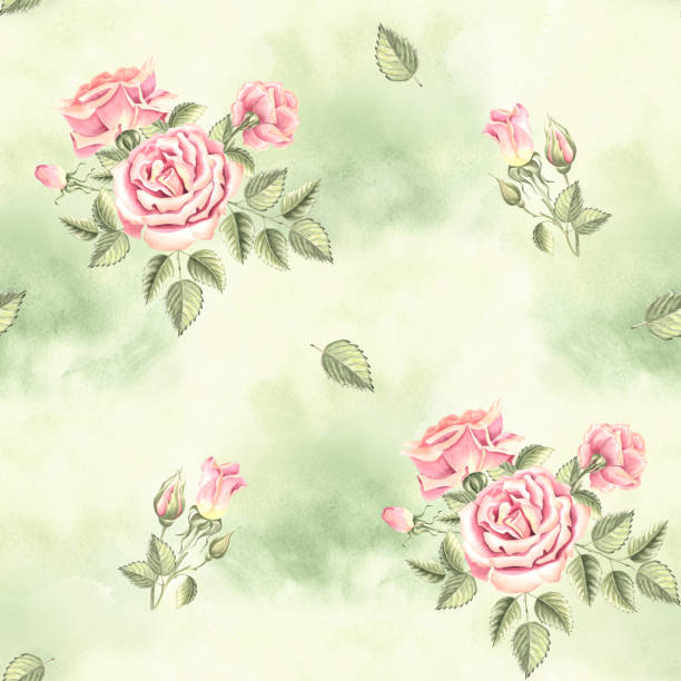 istock Roses flowers and buds soft light pink with green leaves. Spring seamless pattern. Hand drawn watercolor illustration. Garden plant. Natural floral template for covers, wrapping, scrapbooking, textile 2171346815