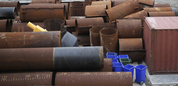 The image displays a scattered assortment of long, rusty industrial pipes and cylindrical containers, along with blue recycling bins and a storage container in an outdoor setting.
