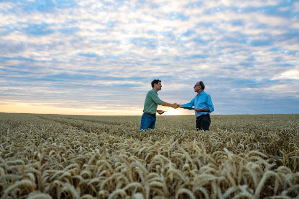istock Farming expert shaking hands with farmer while standing inside cultivated farmland 2171348757