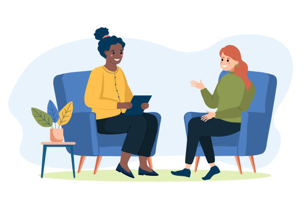 stockillustraties, clipart, cartoons en iconen met psychotherapy session - woman talking to psychologist. female patient in armchair and female psychologist. mental health concept. - alternatieve therapie