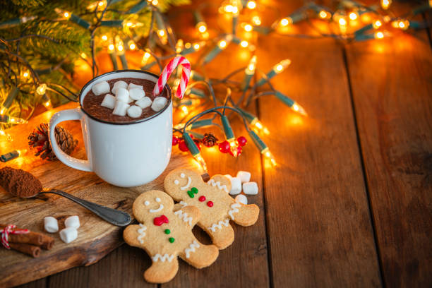 istock Hot chocolate with marshmallows and and gingerbread cookies on cozy Christmas table 2171352494