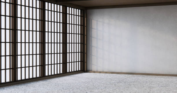 istock japanese design on living room zen style empty wall background.3D rendering 2171356883